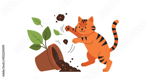 Naughty Cat Knocks Over Potted Plant, Scattering Soil and Leaves