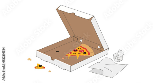 Open Pizza Box with One Slice Remaining, Crumpled Napkin, White Background