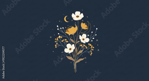 Illustration of white flowers and yellow buds with crescent moon on dark blue background whimsical floral design
