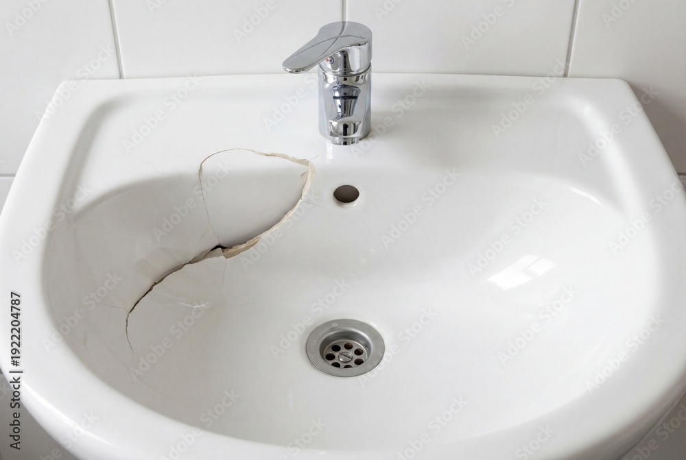 Fototapeta premium Broken white ceramic bathroom sink with a large crack