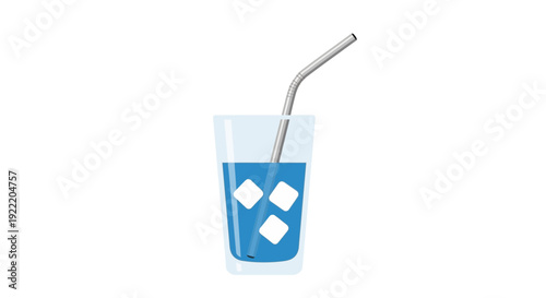 Refreshing Blue Drink with Ice Cubes and Metal Straw in Glass - White Background