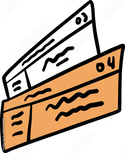 Hand drawn doodle of airplane tickets, travel boarding pass illustration isolated on white