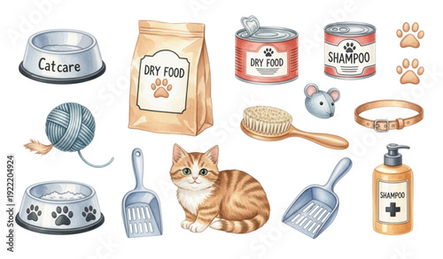Hand Painted Watercolor Cat Care & Toy Set – Pet Lover Illustration Bundle