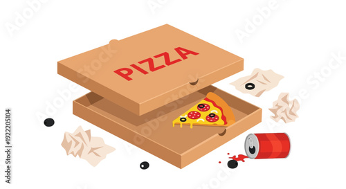Single Slice Of Pizza Left In Open Box With Crumpled Paper And Spilled Soda