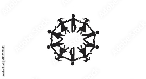 Diverse people joining hands in unity and cooperation forming a circle with outstretched arms in black silhouette on white background symbolizing teamwork and partnership