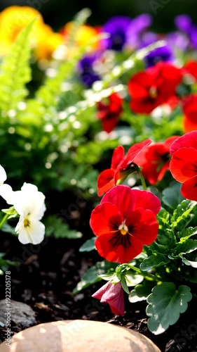 Vibrant Red Pansies in Garden Setting.