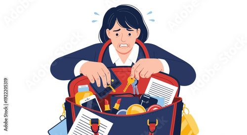 Stressed Woman Searching Her Messy Bag for Keys and Wallet