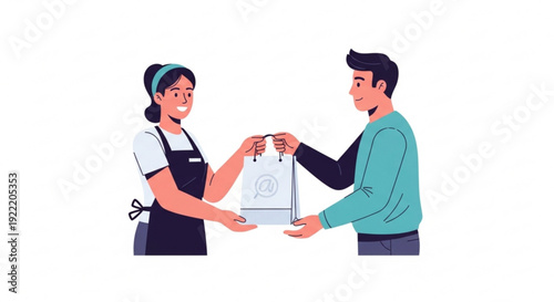Woman handing over shopping bag to man in casual clothing exchange in a minimalist setting