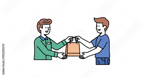Two men exchanging a brown paper shopping bag delivery and retail concept