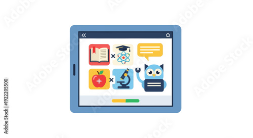 Tablet screen with educational icons and cartoon owl robot, online learning concept