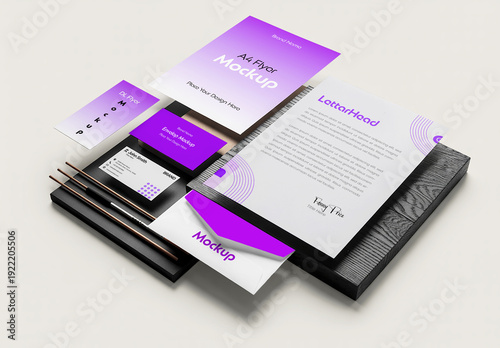 Isometric Stationery Branding Mockup Set with Purple Accents