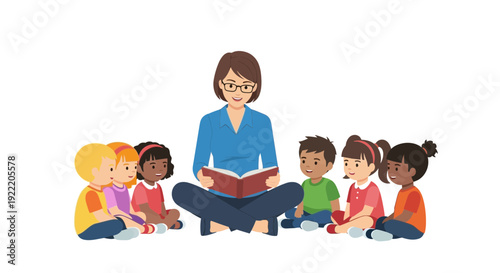 Teacher Reading Book to Diverse Children in Circle, Education and Storytelling