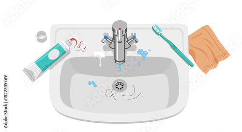 Toothpaste and toothbrush in bathroom sink, morning routine hygiene concept