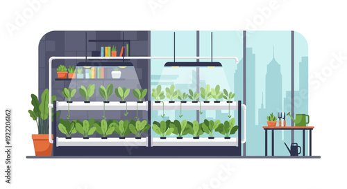 Vertical Hydroponic Farm in Modern Office Building with City View