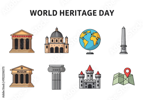 Collection of diverse world heritage symbols and architectural landmarks celebrating global culture