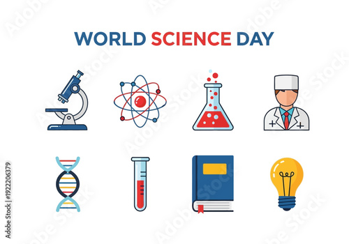 World Science Day celebration with various icons representing scientific discovery and research