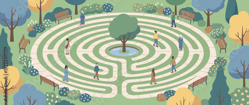 Peaceful Community Labyrinth Walking Meditation Garden Vector Illustration Featuring Diverse People, a Central Tree, and Benches for Mindfulness, Spiritual Reflection, and Inner Calmness.