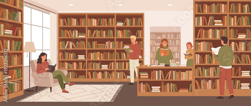 Flat vector illustration of a cozy bookstore or library interior with floor to ceiling wooden shelves filled with books, people reading, comfortable armchair, warm lighting, and a modern rug.