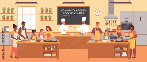 Flat vector illustration of a modern community kitchen teaching cooking classes to diverse families. People of all ages preparing healthy food together with professional chef instructors.