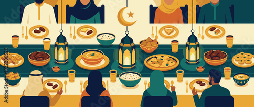 Flat vector illustration of a Muslim family gathering for Ramadan Iftar dinner at a long table with traditional food, lanterns, and crescent moon, celebrating Islamic culture and community.
