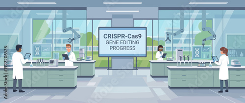 Modern Biotechnology Laboratory Illustration Featuring Scientists Working on CRISPR-Cas9 Gene Editing Research with Advanced Robotic Arms, Digital Displays, DNA Sequencing, and Lab Equipment.