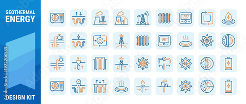Geothermal Energy and Heat Pump Icon Set: 28 Vector Icons for Renewable Energy, Sustainable Heating and Cooling Systems, Power Plants, Turbines, Earth Core, Radiators, and Green Technology.