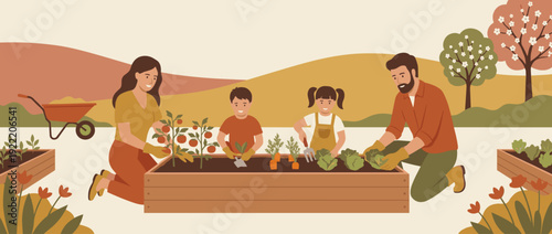 Flat vector illustration of a happy family with parents and children planting vegetables in a raised garden bed during spring, growing tomatoes, carrots, and lettuce in a sunny backyard garden.