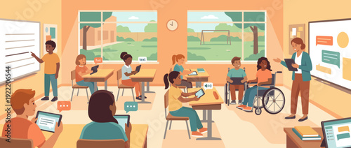 Modern Inclusive Classroom with Diverse Students Using Assistive Technology and Tablets for Learning, Flat Vector Illustration of Accessible Education Environment with Teacher and Children