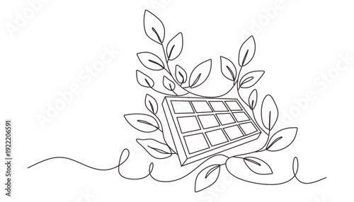 Continuous one line design of solar panel with green leaves. Minimalist style vector illustration on white background.