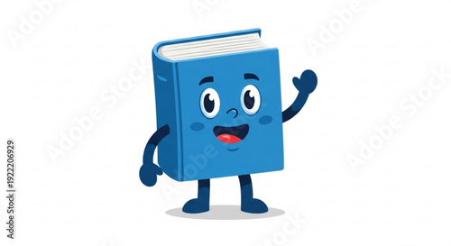 Cheerful blue cartoon book character waving with a happy face and white pages on a plain background