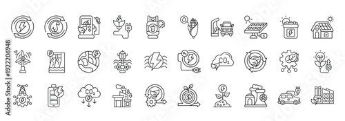 Alternative Energy Icon set Collection in Line Style. renewable, sustainability, biofuel, ethanol, solar, battery