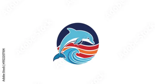 Naklejka Dolphin jumping out of colorful ocean wave with sunset background symbolizing freedom and aquatic life