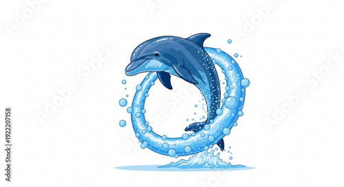 Dolphin jumping through a circle of water playful aquatic mammal in motion blue ocean creature