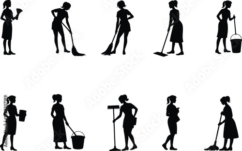 Female cleaning worker silhouettes set showing women housework poses domestic service outline figures isolated on white background vector illustration