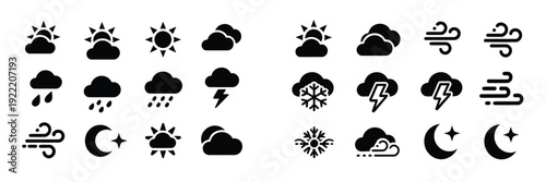 Weather icons set, showcasing sun, rain, snow, cloud, and other meteorological conditions in clean, minimalistic vector style for web and UI design.