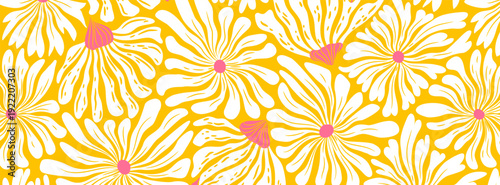 Vector horizontal illustration with abstract groovy flowers pattern isolated on yellow background. Summer bright colorful art design template for poster print, card, web banner, website