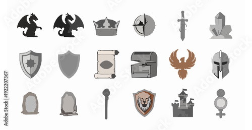 Ancient Fantasy Symbol Icons Set with Dragon Crown Compass and Medieval Emblems Vector Collection