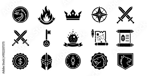 Black Silhouette Ancient and Fantasy Icons with Dragon Crest Crown and Compass Star Vector Set