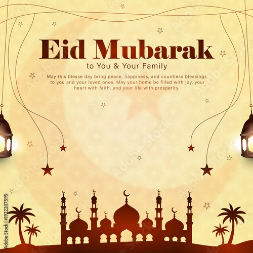 Eid Mubarak Greeting Card with Mosque Silhouette and Gold Pattern, Modern Islamic Festival Background for Ramadan and Eid Celebration, Elegant Eid al-Fitr Banner with Lanterns and Arabic Ornaments, Re