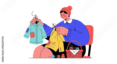 Woman Sewing Patchwork Clothes, Crafting, Handmade Fashion, Hobby Illustration