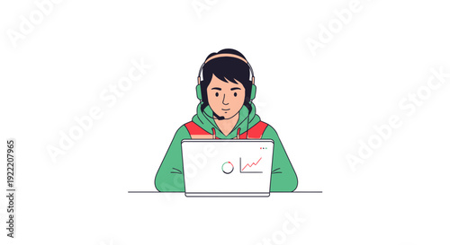 Young person with headset and laptop, working or studying online, illustration