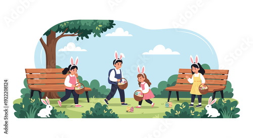 Happy children wearing white bunny ears participating in an Easter egg hunt in a sunny green park with many trees.