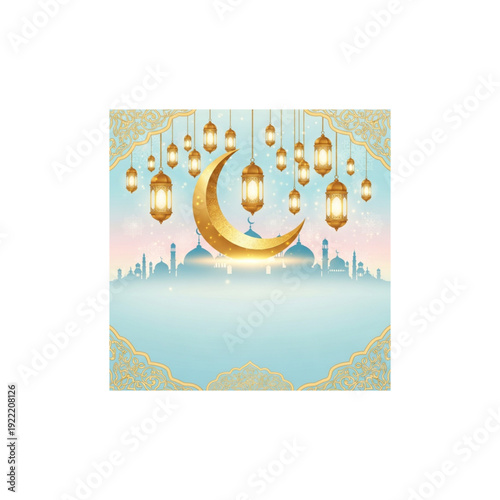 Elegant Ramadan crescent moon with golden lanterns and mosque silhouette