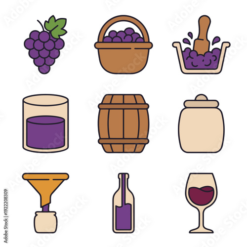 Wine Making Process Flat Vector Illustration Set