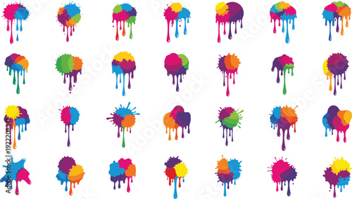 Vibrant colorful paint splatters and drips in various styles