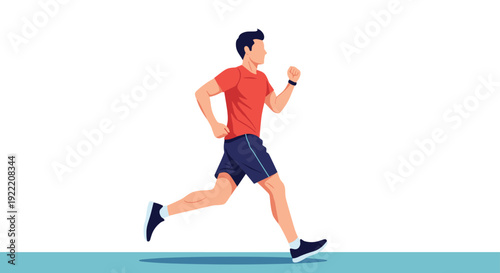 Athletic man in red t-shirt and blue shorts running fast on a blue running track against a clean white background.