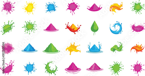 Vibrant colorful paint splatters and drops on white background