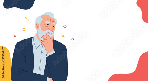 Senior man with a gray beard in a formal suit looking thoughtful and pensive against a decorated background.