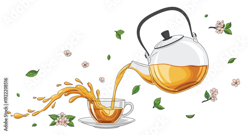 Hot herbal tea pouring from a glass teapot into a glass cup with splashing liquid and spring flowers.