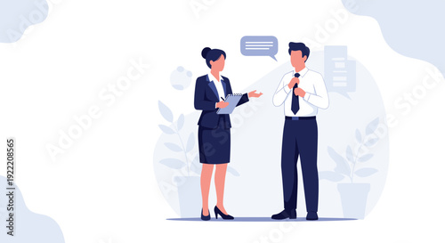 Professional businessman and businesswoman having a serious conversation and taking notes in a modern office.